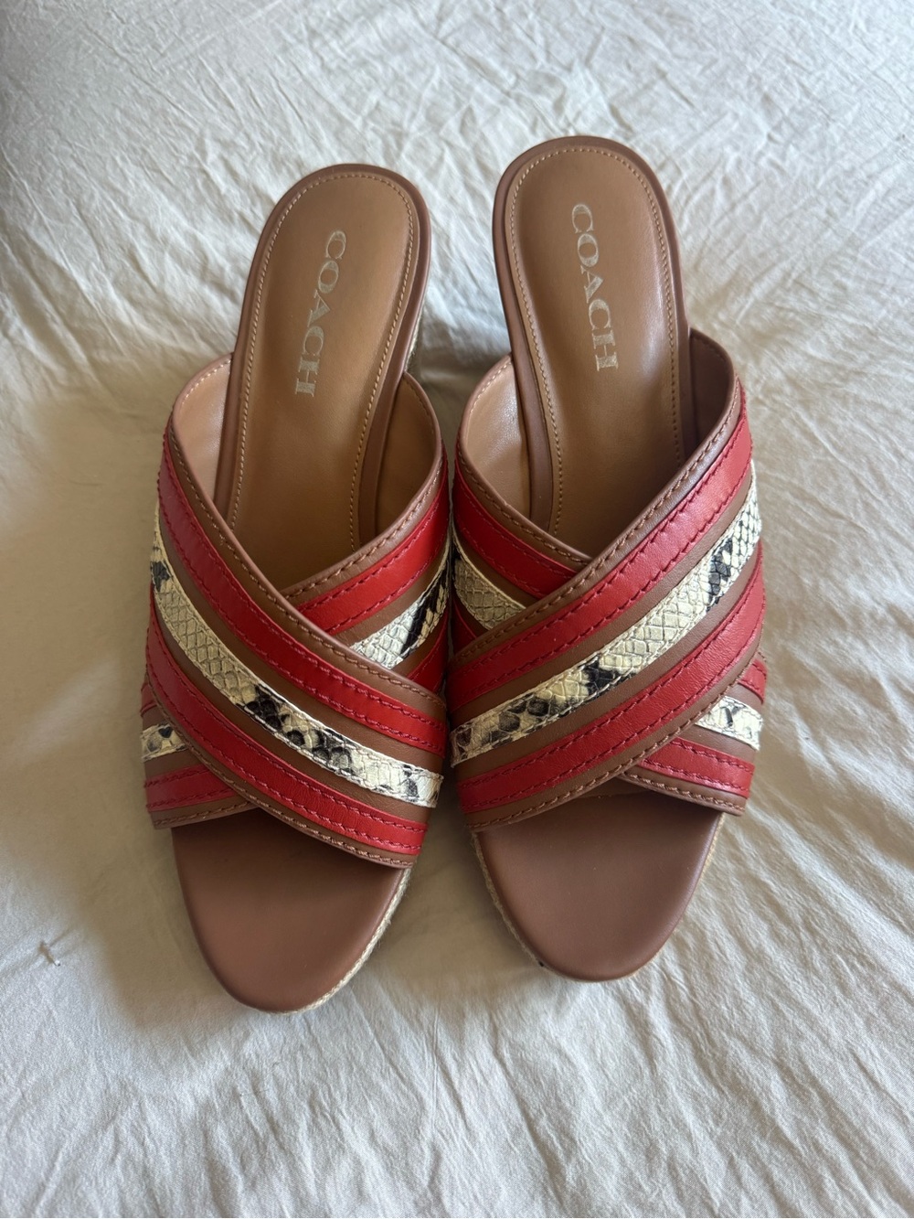 COACH Florentine Red & Snakeskin Espadrille Wedge Sandals Sz 10M